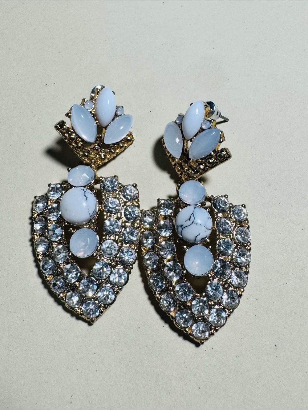 Gold Crystal and White Stone Statement Earrings